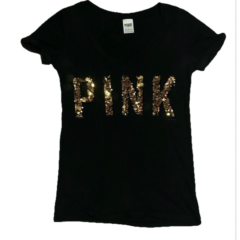 Women's PINK Black Gold Sequin Short Sleeve V-Neck Tee XS